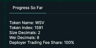 The Progress So Far panel in the Deploy Spot UI after Step 2, showing Token Index and fee share